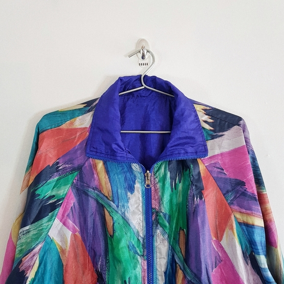 Vintage Head All Over Pattern Windbreaker Jacket - Blue Pink Green - Medium - Picture 2 of 5
